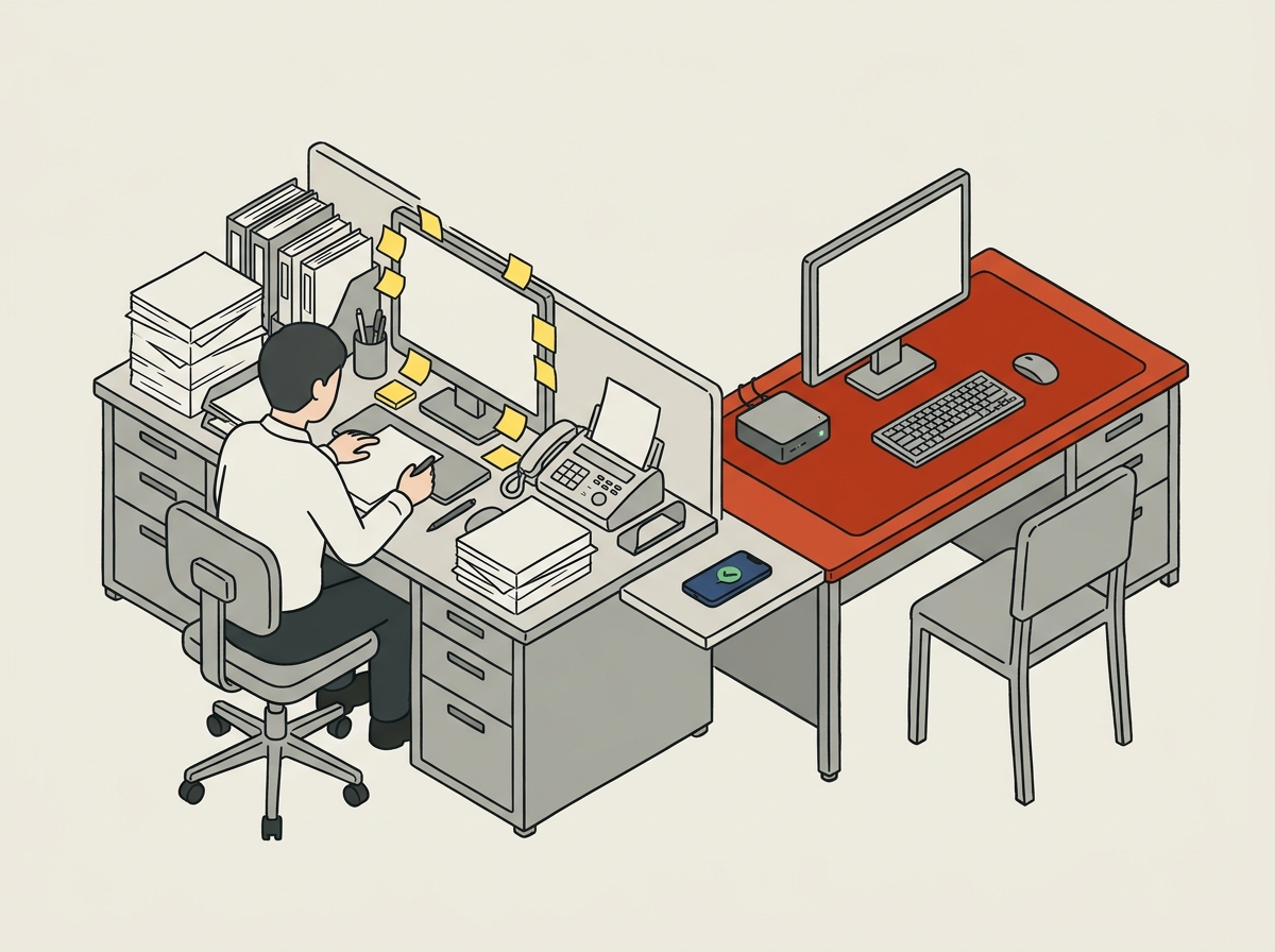 人の席と、となりの席の専用 PC。点線の矢印で書類のやり取りを示す
